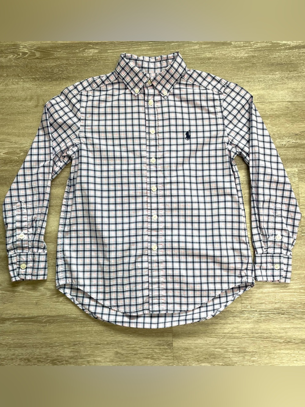 Ralph Lauren Boys 8 S Pink & Navy Blue Plaid Shirt Long Sleeve Button Down Pony